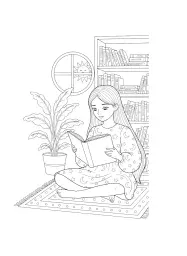 A girl with long, straight hair is sitting and reading a book.