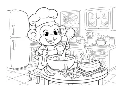 A playful monkey bakes banana bread in a kitchen.