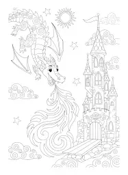 A dragon breathing fire onto a castle.