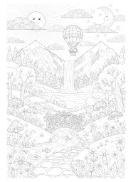 Uma paisagem deslumbrante com muitos detalhes para colorir.