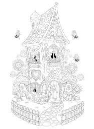 A whimsical house with a picket fence and garden.