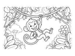 A cheerful monkey swings from a vine in a jungle scene with plants and a smiling sun.