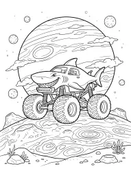A monstrous shark-themed truck is driving on a moon-like surface with a planet and smaller moons in the background.
