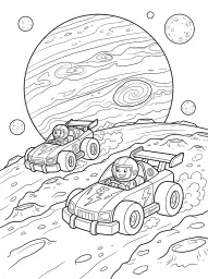 Two race car drivers are racing on a planetary surface with a large gas giant and moons in the background.
