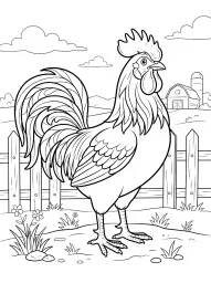 A rooster stands on a farm with a barn and fence in the background.