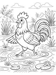 A rooster is walking through a pond with lily pads and reeds.