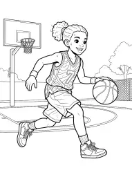 Une jeune fille joue au basketball sur un terrain extérieur.