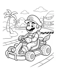 Un personnage de dessin animé conduit un kart sur un circuit tropical.