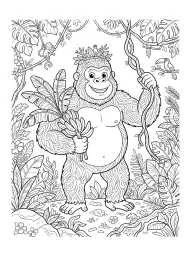 Un gorille souriant dans la jungle, tenant une grappe de bananes et une liane.