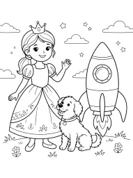 A princess, her dog, and a rocket are in a field.