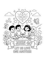 A coloring page depicts four children holding hands and sitting in a field of flowers, with a large heart containing a cross above them, and a banner with text at the bottom.