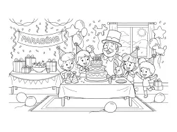 A group of children and an adult man celebrating a birthday with cake, presents, and balloons.