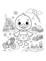 Um pato usando um vestido em um cenário rural com uma casa, bicicleta, lago, livros e um barco.