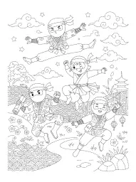 Una pagina da colorare con quattro ninja che saltano e corrono in un paesaggio con nuvole e piante.