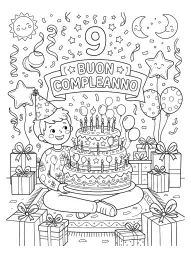 Un bambino festeggia il suo nono compleanno con una torta, regali e palloncini.