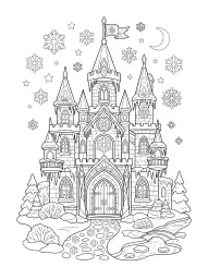 Um castelo de gelo com flocos de neve e estrelas.