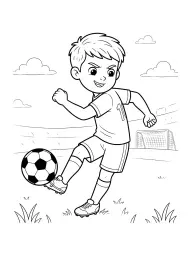 Um jogador de futebol sorridente chutando a bola em um campo.