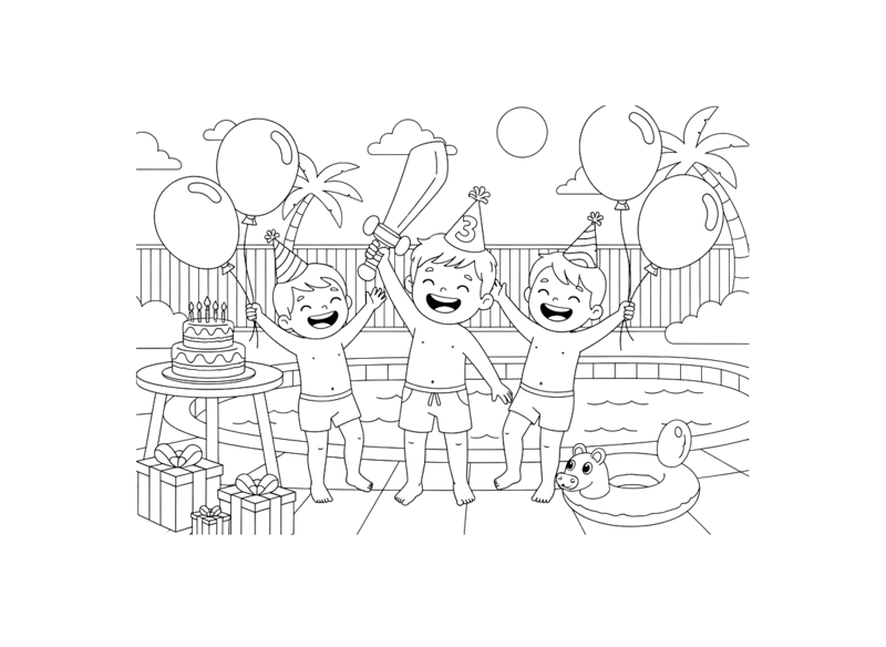 Página para colorir de uma festa de aniversário na piscina com três crianças, balões e bolo