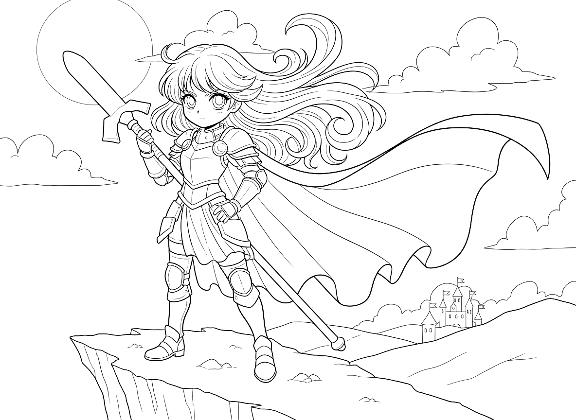 A coloring page of a warrior girl with a flowing cape in manga style